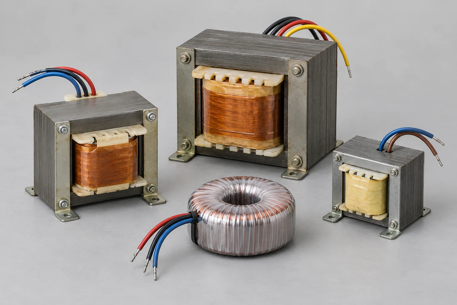 Illustration of small electrical transformers with laminated cores and copper windings