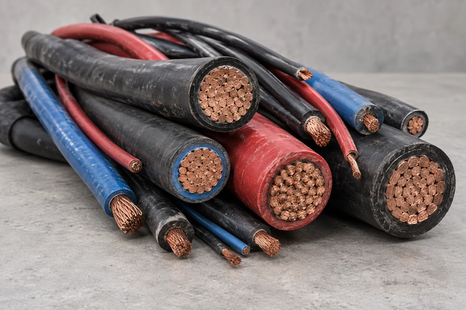 Illustration of insulated wiring and heavy electrical cable with exposed copper conductors